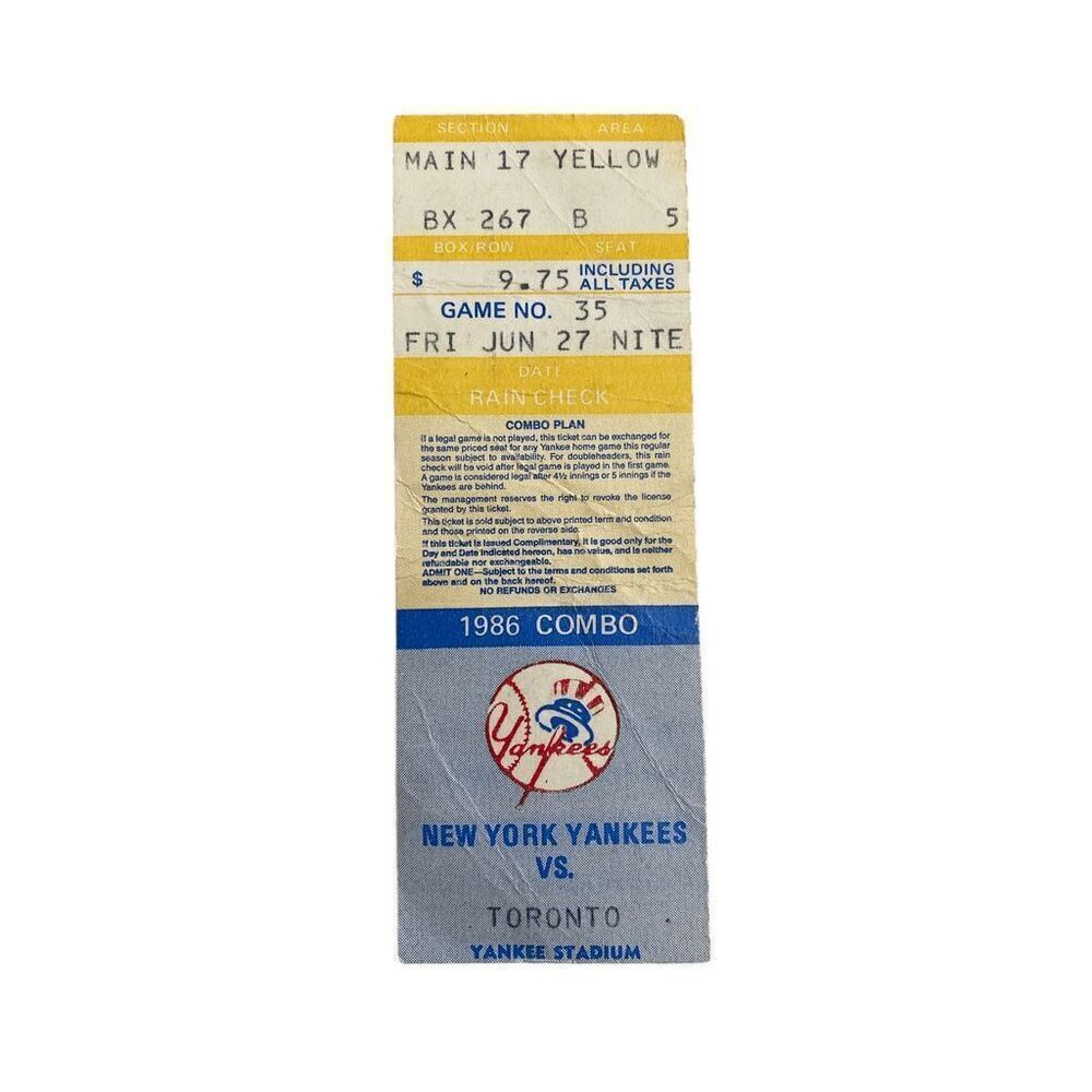 New York Yankees vs Toronto June 27 1986 Ticket‎ Stub